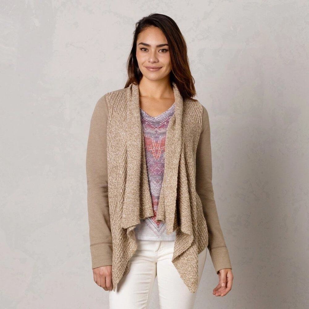 prAna Demure Waterfall Cardigan S Beige Brown Wool Blend Open Front Sweater